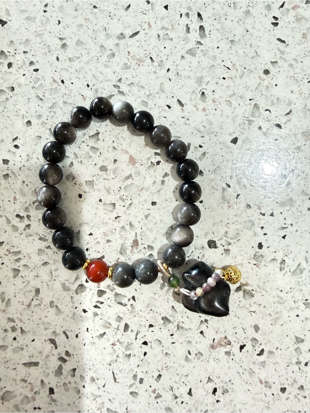 8mm Silver Sheen Obsidian Bracelet Black Cat Charm Adjustable Natural Stone